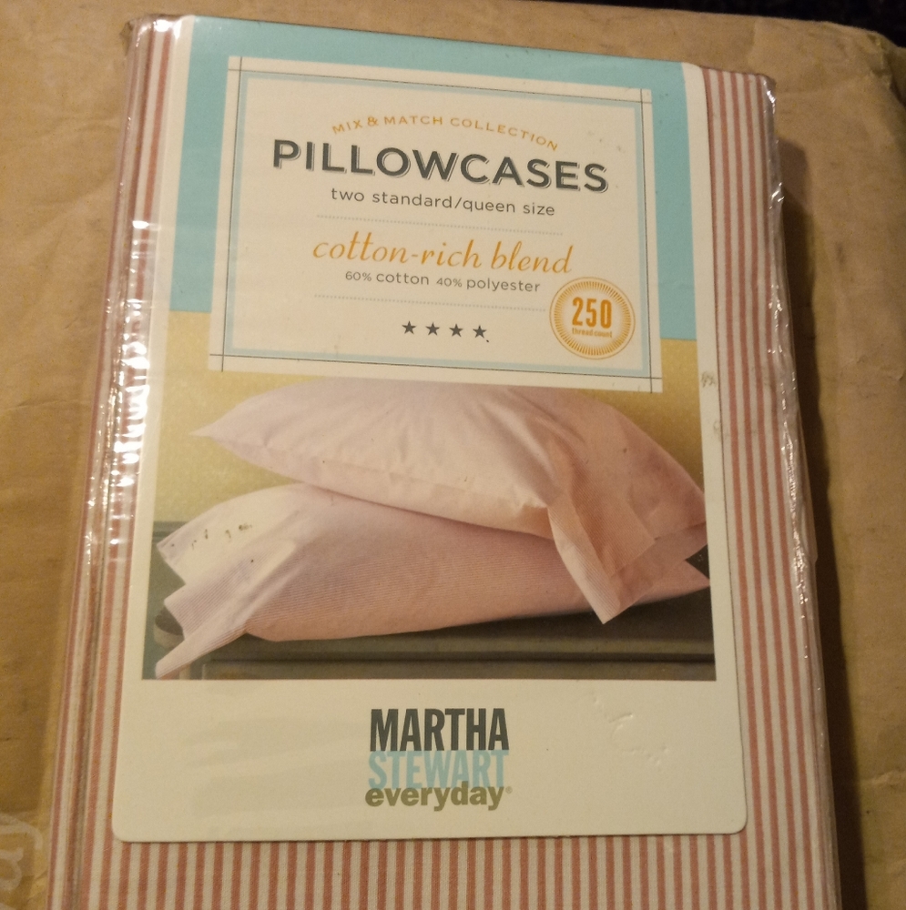 Martha Stewart Collection Two Standard Pillowcases - Queen Size - Red Pinstripes